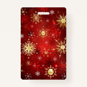 Christmas Golden Snowflakes on Red Background ID Badge