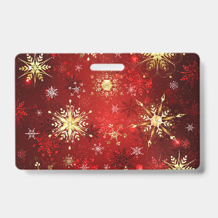 Christmas Golden Snowflakes on Red Background ID Badge