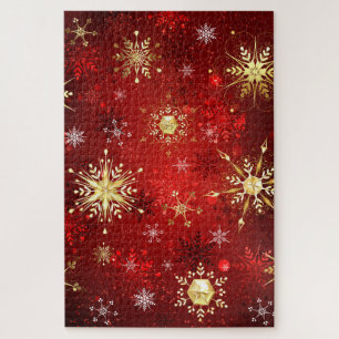 Christmas Golden Snowflakes on Red Background Jigsaw Puzzle