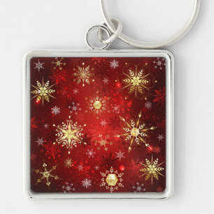 Christmas Golden Snowflakes on Red Background Key Ring