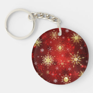 Christmas Golden Snowflakes on Red Background Key Ring