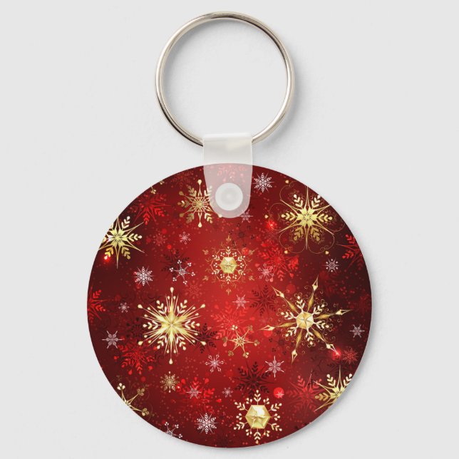 Christmas Golden Snowflakes on Red Background Key Ring (Front)
