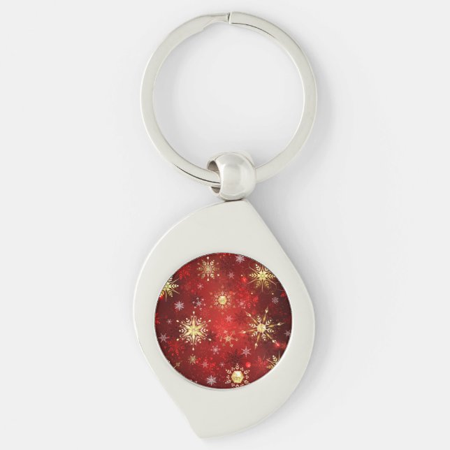 Christmas Golden Snowflakes on Red Background Key Ring (Front)