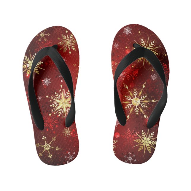 Christmas Golden Snowflakes on Red Background Kid's Jandals (Footbed)