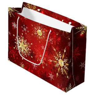 Christmas Golden Snowflakes on Red Background Large Gift Bag