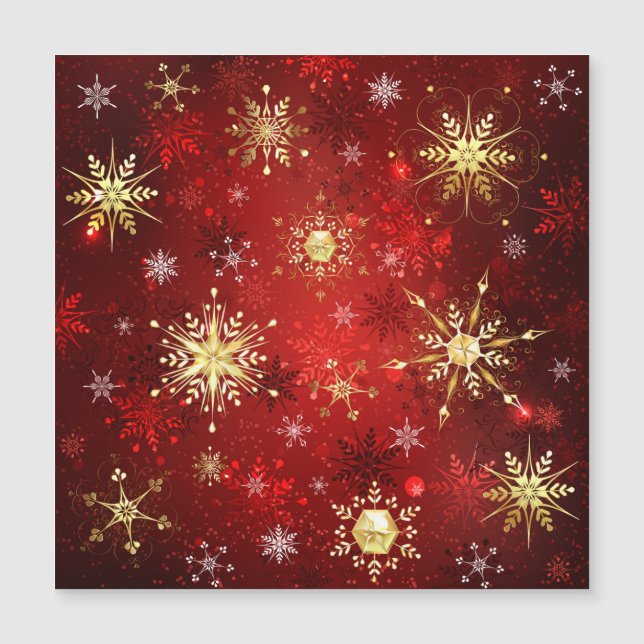 Christmas Golden Snowflakes on Red Background Magnetic Invitation (Front)