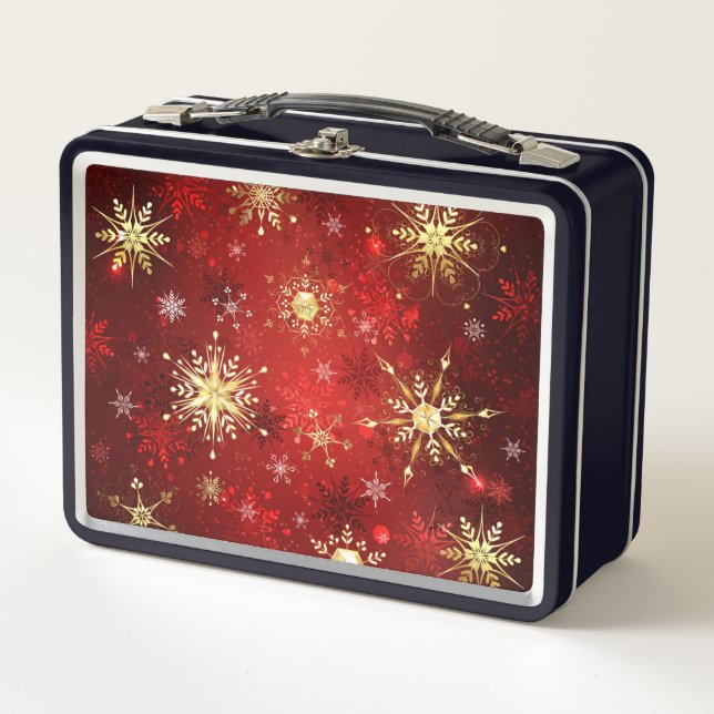 Christmas Golden Snowflakes on Red Background Metal Lunch Box (Front)