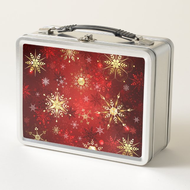 Christmas Golden Snowflakes on Red Background Metal Lunch Box (Front)