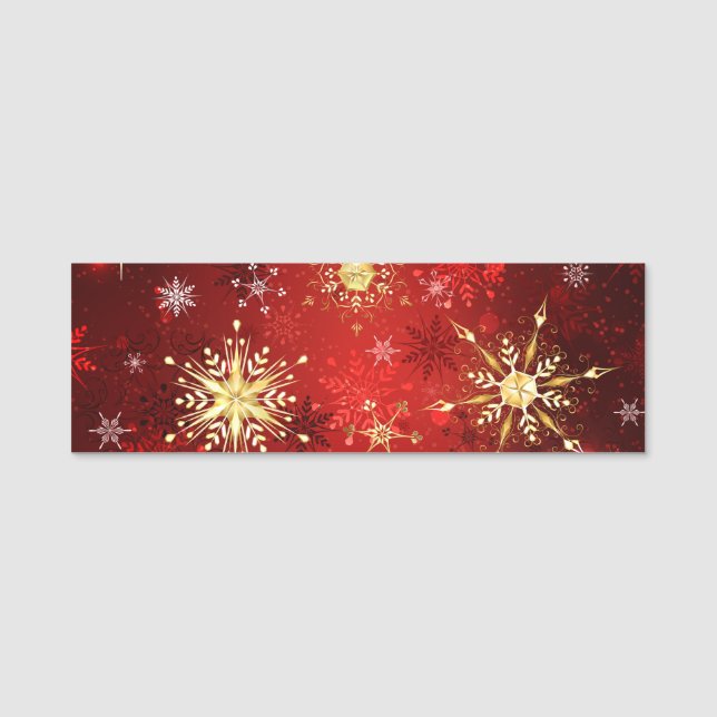 Christmas Golden Snowflakes on Red Background Name Tag (Front)