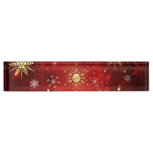 Christmas Golden Snowflakes on Red Background Nameplate