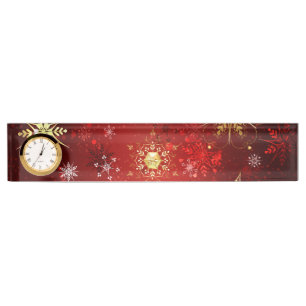 Christmas Golden Snowflakes on Red Background Nameplate