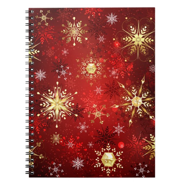 Christmas Golden Snowflakes on Red Background Notebook (Front)
