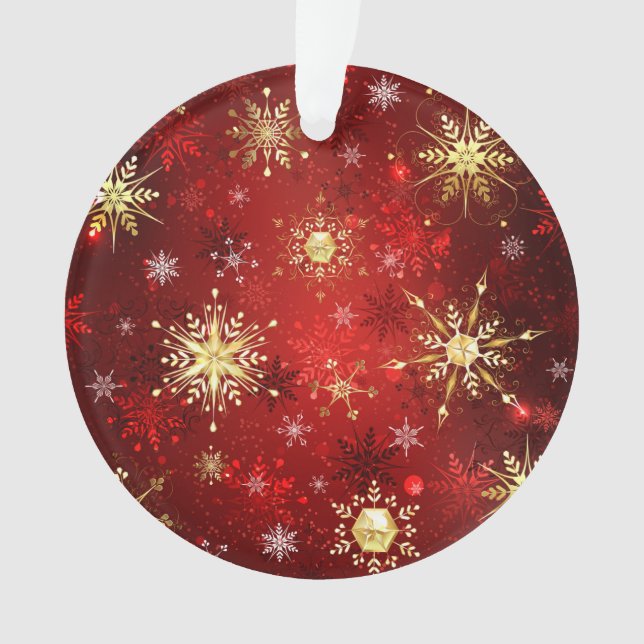 Christmas Golden Snowflakes on Red Background Ornament (Front)