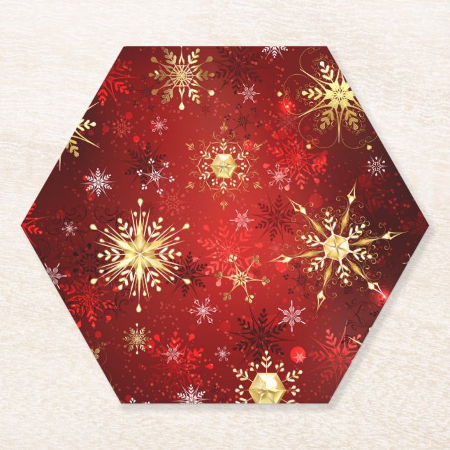 Christmas Golden Snowflakes on Red Background Paper Coaster (Front)