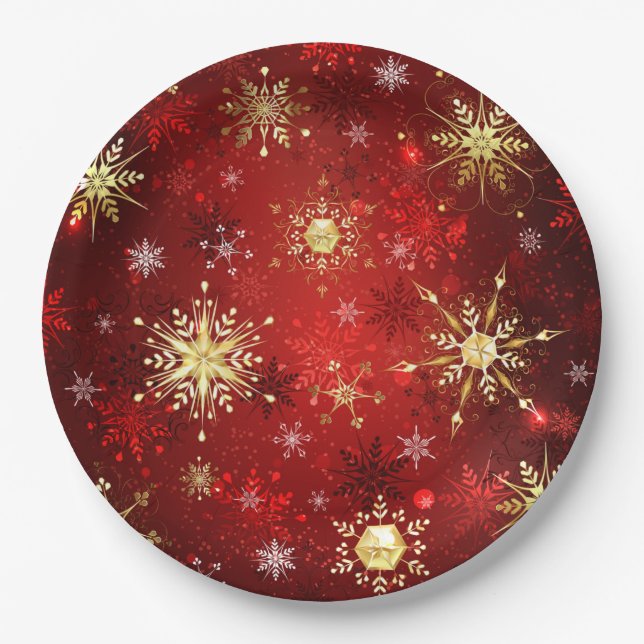 Christmas Golden Snowflakes on Red Background Paper Plate (Front)