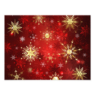 Christmas Golden Snowflakes on Red Background Photo Print