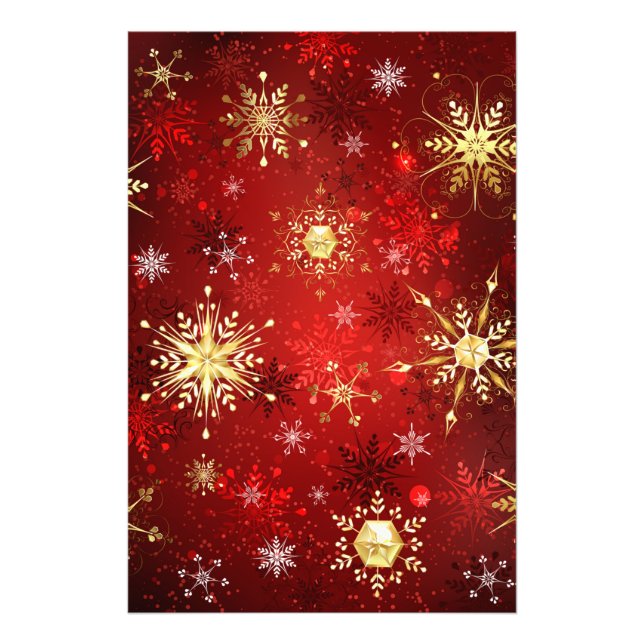 Christmas Golden Snowflakes on Red Background Photo Print (Front)