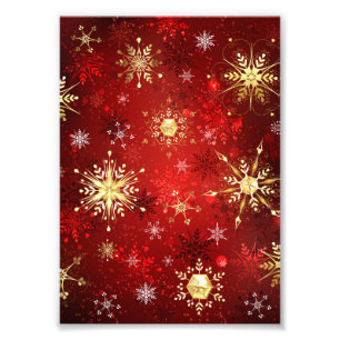 Christmas Golden Snowflakes on Red Background Photo Print