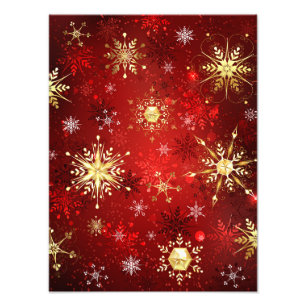 Christmas Golden Snowflakes on Red Background Photo Print
