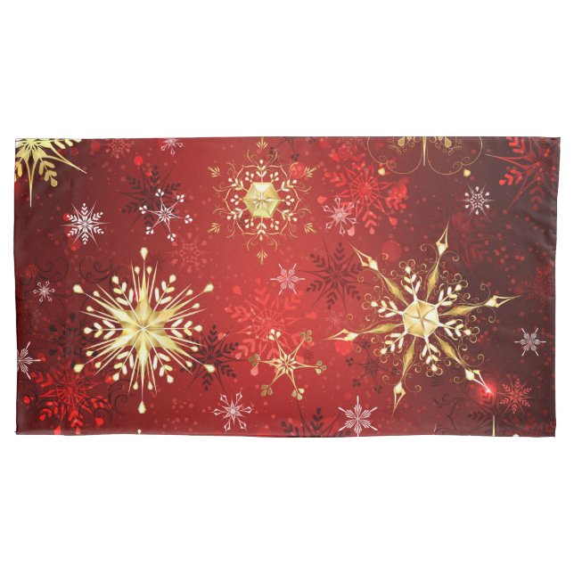 Christmas Golden Snowflakes on Red Background Pillowcase (Front-Left)