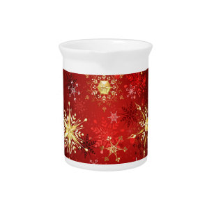 Christmas Golden Snowflakes on Red Background Pitcher