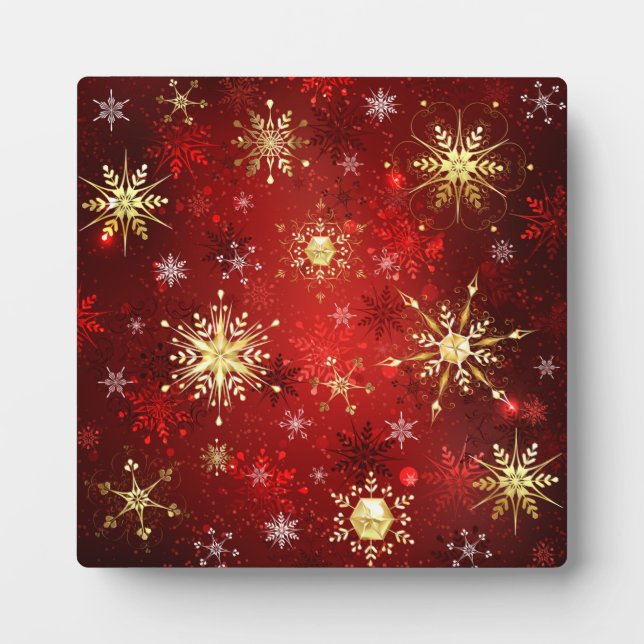 Christmas Golden Snowflakes on Red Background Plaque (Front)