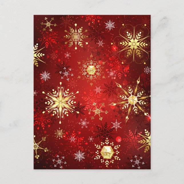 Christmas Golden Snowflakes on Red Background Postcard (Front)