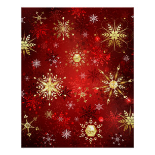 Christmas Golden Snowflakes on Red Background Poster