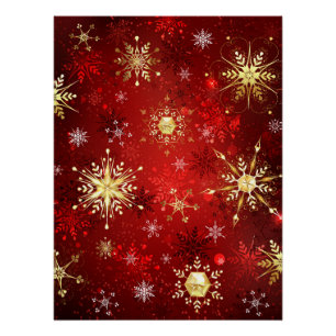 Christmas Golden Snowflakes on Red Background Poster