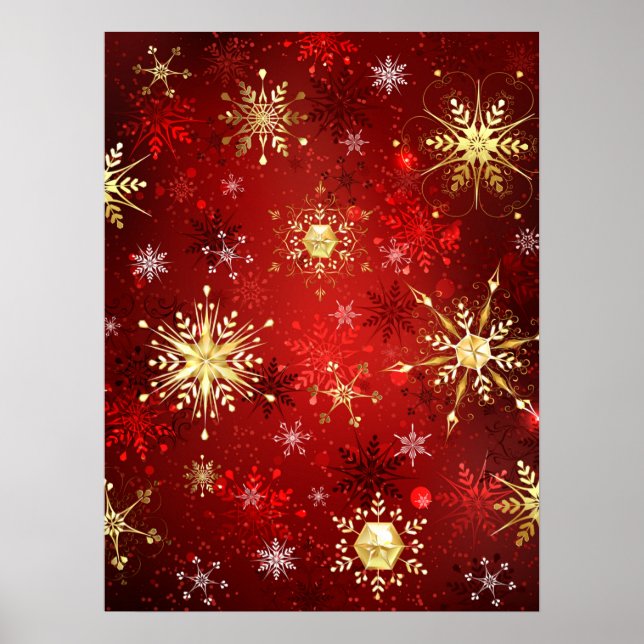 Christmas Golden Snowflakes on Red Background Poster (Front)