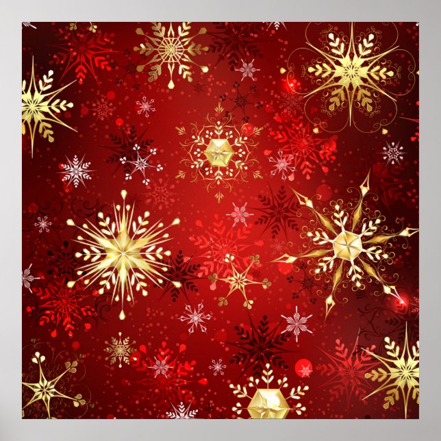 Christmas Golden Snowflakes on Red Background Poster (Front)