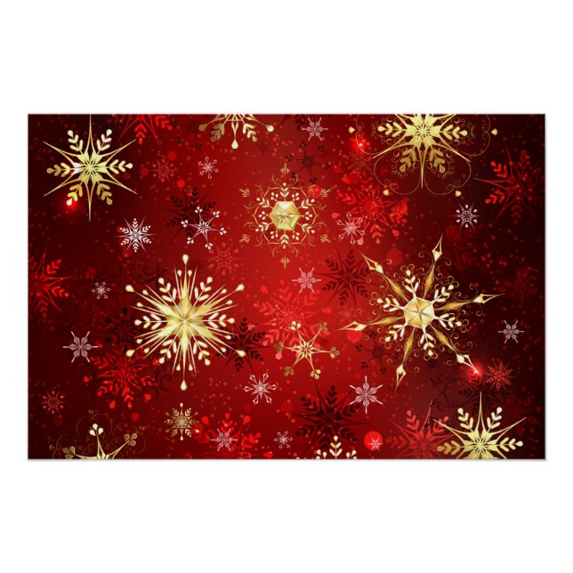 Christmas Golden Snowflakes on Red Background Poster (Front)