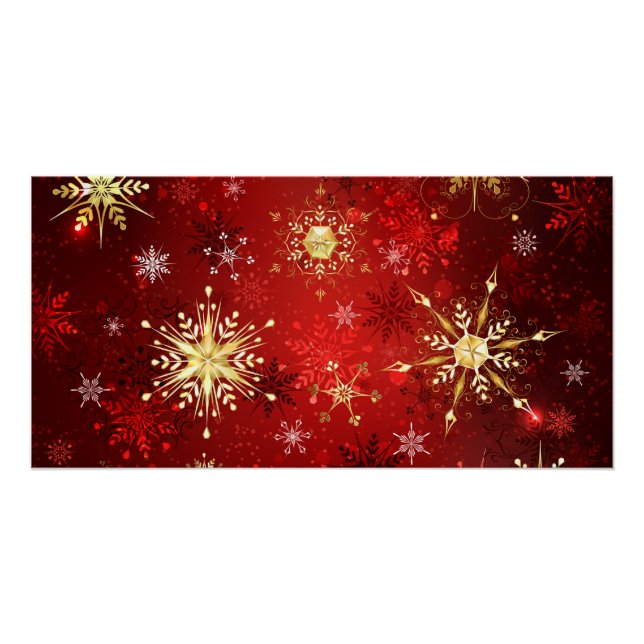 Christmas Golden Snowflakes on Red Background Poster (Front)