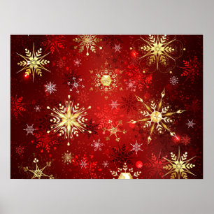 Christmas Golden Snowflakes on Red Background Poster