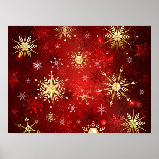 Christmas Golden Snowflakes on Red Background Poster (Front)