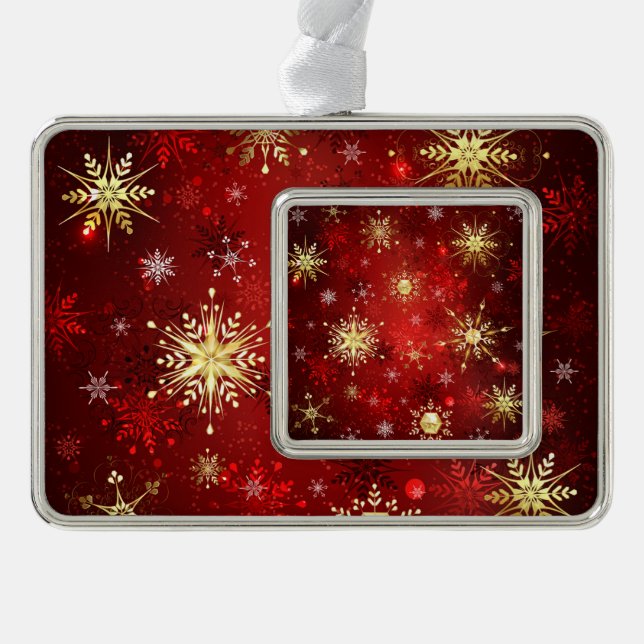 Christmas Golden Snowflakes on Red Background Silver Plated Framed Ornament (Front)