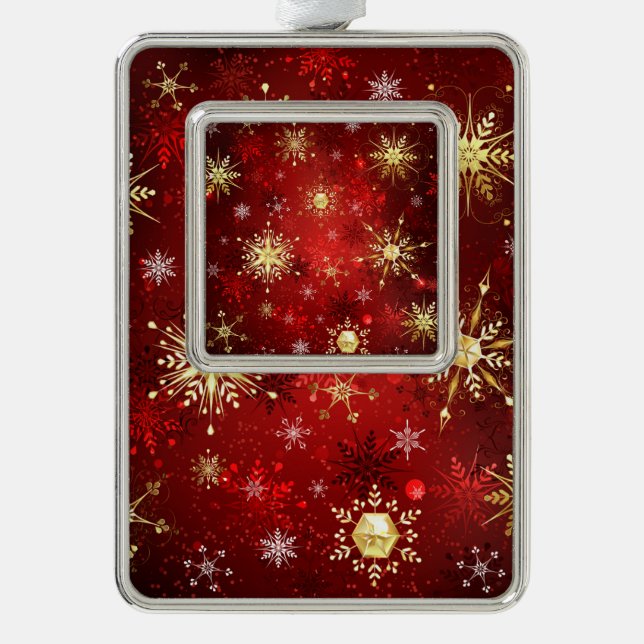 Christmas Golden Snowflakes on Red Background Silver Plated Framed Ornament (Front)
