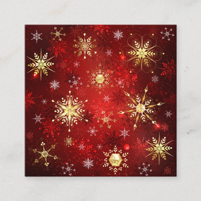 Christmas Golden Snowflakes on Red Background Square Business Card (Front)