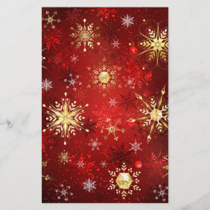 Christmas Golden Snowflakes on Red Background Stationery