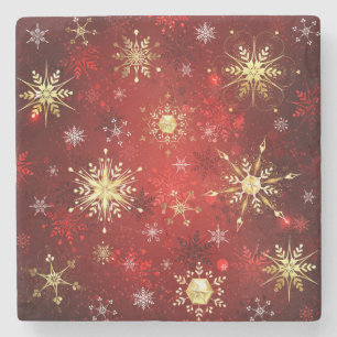 Christmas Golden Snowflakes on Red Background Stone Coaster