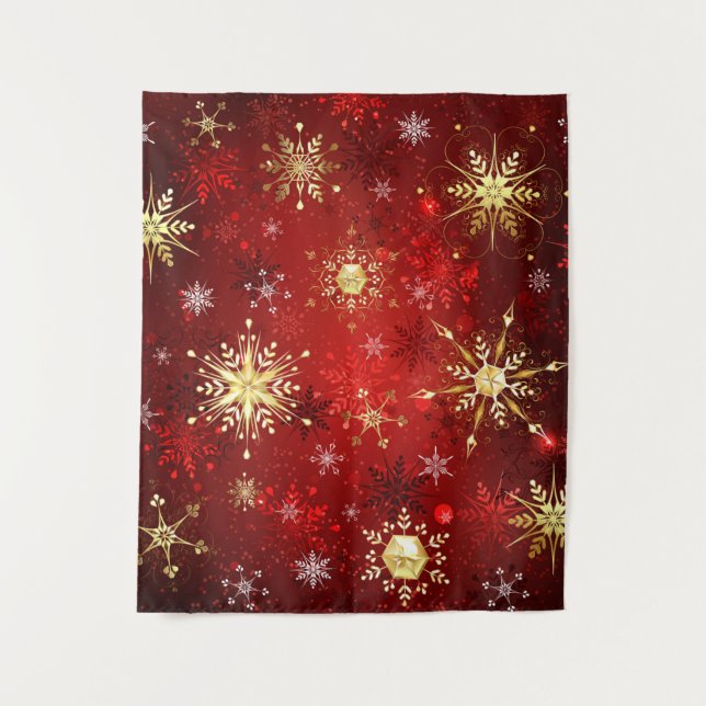 Christmas Golden Snowflakes on Red Background Tapestry (Front)
