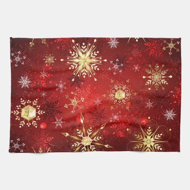 Christmas Golden Snowflakes on Red Background Tea Towel (Horizontal)