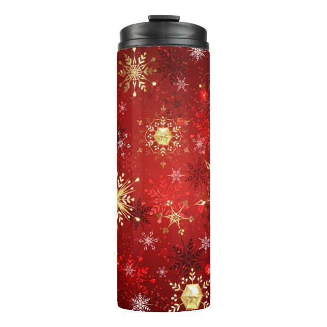 Christmas Golden Snowflakes on Red Background Thermal Tumbler (Front)