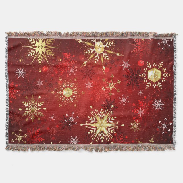 Christmas Golden Snowflakes on Red Background Throw Blanket (Front)