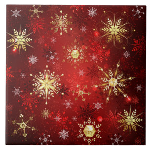 Christmas Golden Snowflakes on Red Background Tile