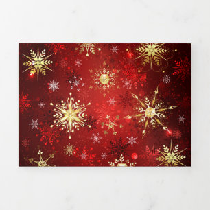 Christmas Golden Snowflakes on Red Background Tri-Fold Announcement