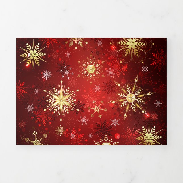 Christmas Golden Snowflakes on Red Background Tri-Fold Announcement (Cover)
