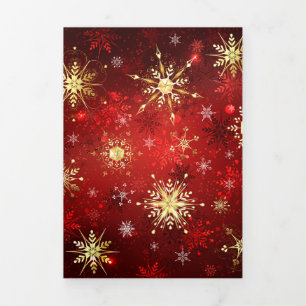 Christmas Golden Snowflakes on Red Background Tri-Fold Card