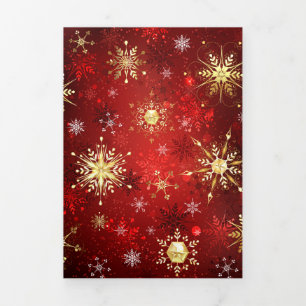 Christmas Golden Snowflakes on Red Background Tri-Fold Invitation