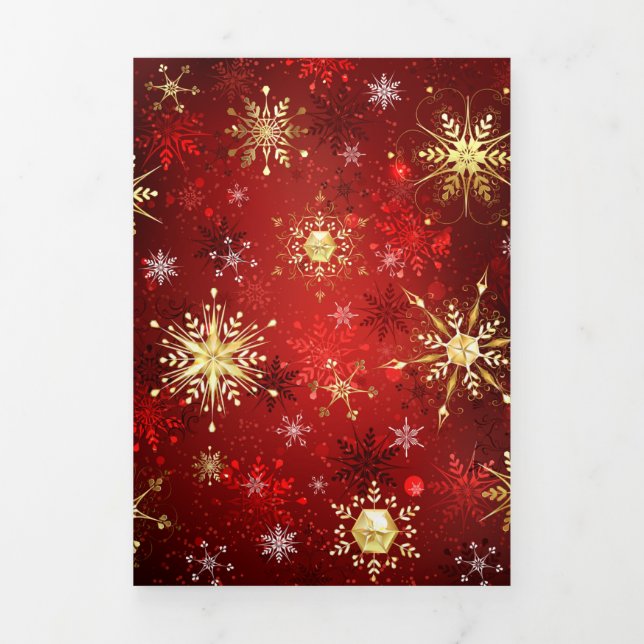 Christmas Golden Snowflakes on Red Background Tri-Fold Invitation (Cover)